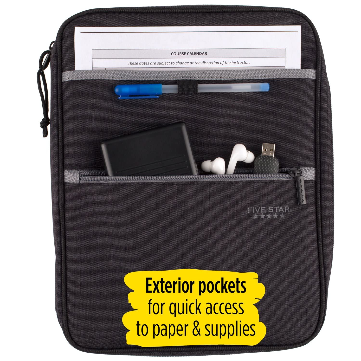 Five Star Zipper Binder, 1 Inch 3-Ring Binder with Round Rings, Carry-All with Pockets and 4-Tab Dividers, 375 Sheet Capacity, Black/Gray (29092IT8) - Image 6
